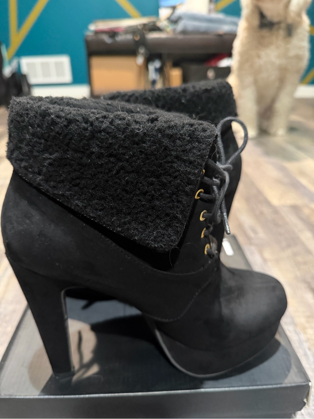 Wild Diva Black Fold-Over Lace-Up Platform Ankle Boots